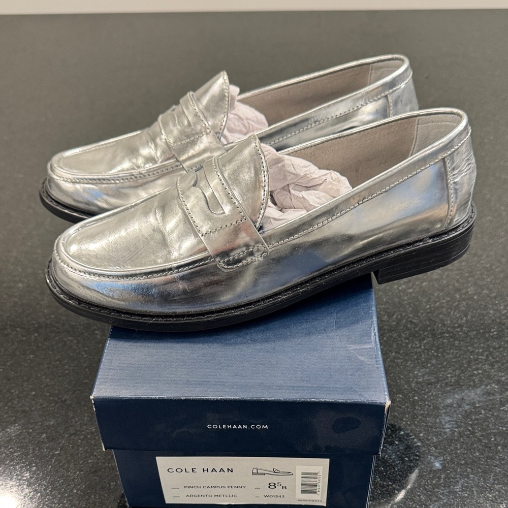 Cole Haan Pinch Metallic Silver Loafers 8.5